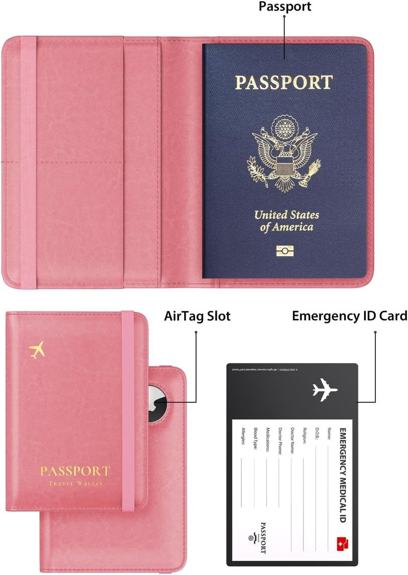 Stouchi حامل جواز سفر AirTag، حامل جواز سفر لطيف مع فتحة AirTag، غلاف محفظة جواز سفر RFID للنساء، غلاف واقي لجواز السفر من الجلد للعائلة، أساسيات السفر المضادة للفقد، وردي - Image 2